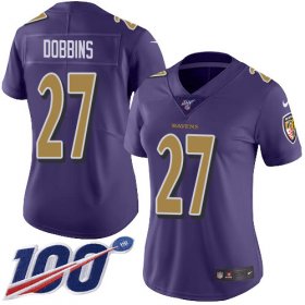 Wholesale Cheap Nike Ravens #27 J.K. Dobbins Purple Women\'s Stitched NFL Limited Rush 100th Season Jersey