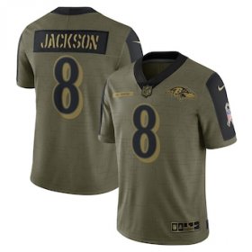 Wholesale Cheap Men\'s Baltimore Ravens #8 Lamar Jackson Nike Olive 2021 Salute To Service Limited Player Jersey