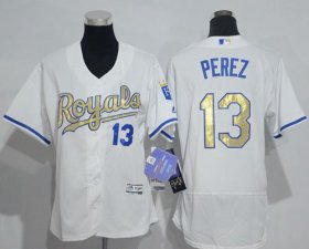 Wholesale Cheap Royals #13 Salvador Perez White Flexbase Authentic 2015 World Series Champions Gold Program Cool Base Women\'s Stitched MLB Jersey