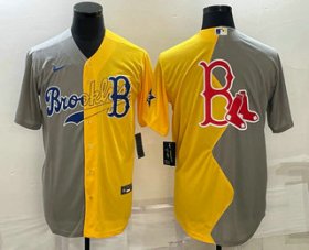 Cheap Men\'s Boston Red Sox Big Logo Grey Yellow Split Cool Base Stitched Jersey