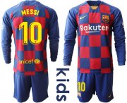 Wholesale Cheap Barcelona #10 Messi Home Long Sleeves Kid Soccer Club Jersey