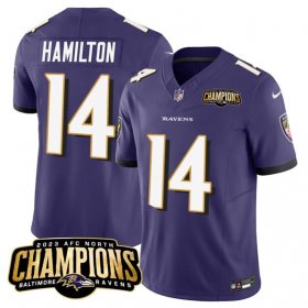 Cheap Men\'s Baltimore Ravens #14 Kyle Hamilton Purple 2023 F.U.S.E. AFC North Champions Vapor Limited Football Stitched Jersey