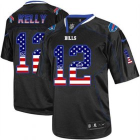Wholesale Cheap Nike Bills #12 Jim Kelly Black Men\'s Stitched NFL Elite USA Flag Fashion Jersey