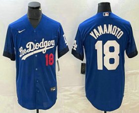 Cheap Men\'s Los Angeles Dodgers #18 Yoshinobu Yamamoto Number Blue 2021 City Connect Cool Base Stitched Jersey