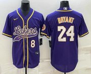 Cheap Men's Los Angeles Lakers #8 #24 Kobe Bryant Number Purple With Patch Cool Base Stitched Baseball Jersey