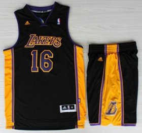 Wholesale Cheap Los Angeles Lakers #16 Pau Gasol Black Revolution 30 Swingman NBA Jerseys Shorts Suits Purple Number 2013 New Style