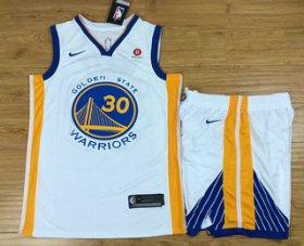Wholesale Cheap Men\'s Golden State Warriors #30 Stephen Curry White 2017-2018 Nike Swingman Rakuten Stitched NBA Jersey With Shorts