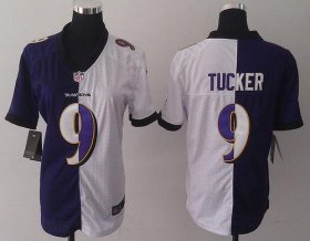 Wholesale Cheap Nike Ravens #9 Justin Tucker Purple/White Women\'s Stitched NFL Elite Split Jersey