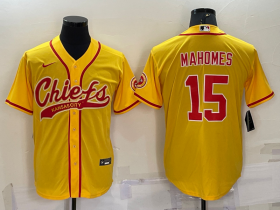 Wholesale Cheap Men\'s Kansas City Chiefs #15 Patrick Mahomes Gold With Patch Cool Base Stitched Baseball Jersey