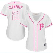 Wholesale Cheap Pirates #21 Roberto Clemente White/Pink Fashion Women's Stitched MLB Jersey