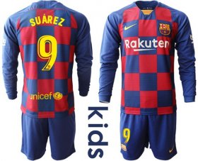 Wholesale Cheap Barcelona #9 Suarez Home Long Sleeves Kid Soccer Club Jersey