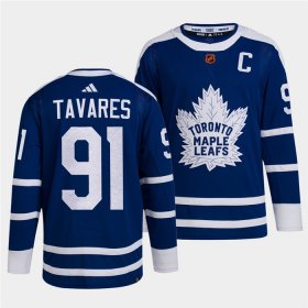 Wholesale Cheap Men\'s Toronto Maple Leafs Black #91 John Tavares Blue 2022 Reverse Retro Stitched Jersey