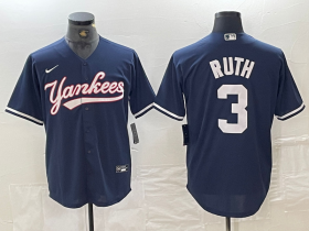 Cheap Men\'s New York Yankees #3 Babe Ruth Navy Cool Base Stitched Baseball Jersey