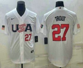 Cheap Men\'s USA Baseball #27 Mike Trout Number 2023 White World Baseball Classic Replica Stitched Jersey