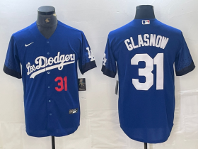 Cheap Men\'s Los Angeles Dodgers #31 Tyler Glasnow Number Blue 2021 City Connect Cool Base Stitched Jersey