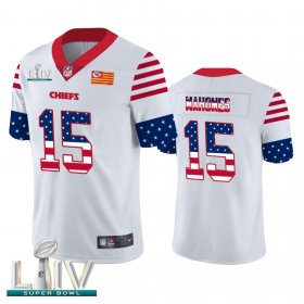 Wholesale Cheap Kansas City Chiefs #15 Patrick Mahomes White Super Bowl LIV 2020 Men\'s Nike Team Logo USA Flag Vapor Untouchable Limited NFL Jersey