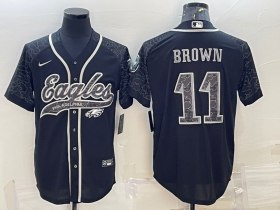 Wholesale Cheap Men\'s Philadelphia Eagles #11 AJ Brown Black Reflective With Patch Cool Base Stitched Baseball Jersey