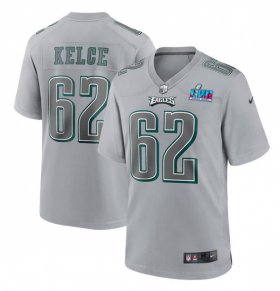 Wholesale Cheap Men\'s Philadelphia Eagles #62 Jason Kelce Gray Super Bowl LVII Patch Atmosphere Fashion Stitched Game Jersey