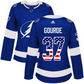 Cheap Adidas Lightning #37 Yanni Gourde Blue Home Authentic USA Flag Women\'s Stitched NHL Jersey