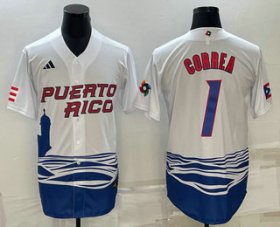 Cheap Men\'s Puerto Rico Baseball #1 Carlos Correa White 2023 World Baseball Classic Stitched Jerseys