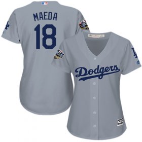 Wholesale Cheap Dodgers #18 Kenta Maeda Grey Alternate Road 2018 World Series Women\'s Stitched MLB Jersey