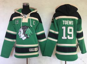 Wholesale Cheap Blackhawks #19 Jonathan Toews Green Sawyer Hooded Sweatshirt Stitched Youth NHL Jersey