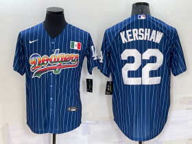 Wholesale Cheap Men\'s Los Angeles Dodgers #22 Clayton Kershaw Rainbow Blue Red Pinstripe Mexico Cool Base Nike Jersey