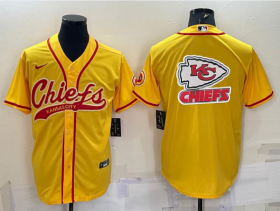 Wholesale Cheap Men\'s Kansas City Chiefs Gold Team Big Logo With Patch Cool Base Stitched Baseball Jersey