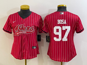 Wholesale Cheap Women\'s San Francisco 49ers #97 Nick Bosa Red Pinstripe With Patch Cool Base Stitched Baseball Jersey