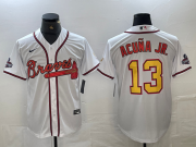 Cheap Men's Atlanta Braves #13 Ronald Acuna Jr White Gold 2021 World Series Champions Stitched Cool Base Jersey