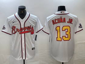 Cheap Men\'s Atlanta Braves #13 Ronald Acuna Jr White Gold 2021 World Series Champions Stitched Cool Base Jersey