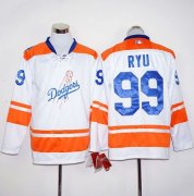 Wholesale Cheap Dodgers #99 Hyun-Jin Ryu White/Orange Long Sleeve Stitched MLB Jersey