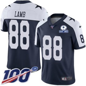 Wholesale Cheap Nike Cowboys #88 CeeDee Lamb Navy Blue Thanksgiving Men\'s Stitched With Established In 1960 Patch NFL 100th Season Vapor Untouchable Limited Throwback Jersey