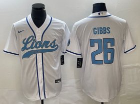 Wholesale Cheap Men\'s Detroit Lions #26 Jahmyr Gibbs White Cool Base Stitched Baseball Jersey