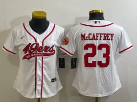 Wholesale Cheap Women\'s San Francisco 49ers #23 Christian McCaffrey White With Patch Cool Base Stitched Baseball Jersey
