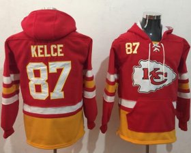 Wholesale Cheap Nike Chiefs #87 Travis Kelce Red/Gold Name & Number Pullover NFL Hoodie