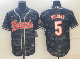 Wholesale Cheap Men\'s Cincinnati Bengals #5 Tee Higgins Gray Camo With Patch Cool Base Stitched Baseball Jersey
