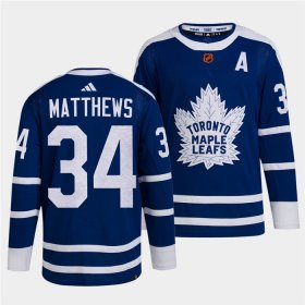 Wholesale Cheap Men\'s Toronto Maple Leafs Black #34 Auston Matthews Blue 2022 Reverse Retro Stitched Jersey