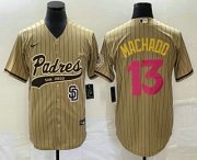 Wholesale Cheap Men's San Diego Padres #13 Manny Machado Tan Pinstripe 2023 City Connect Cool Base Stitched Jersey 1