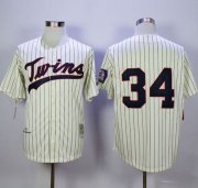 Wholesale Cheap Mitchell And Ness Twins #34 Kirby Puckett Cream Strip Throwback Stitched MLB Jersey
