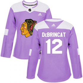 Wholesale Cheap Adidas Blackhawks #12 Alex DeBrincat Purple Authentic Fights Cancer Women\'s Stitched NHL Jersey