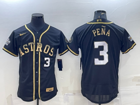 Wholesale Cheap Men\'s Houston Astros #3 Jeremy Pena Number Black Gold 2022 World Series Stitched Flex Base Nike Jersey