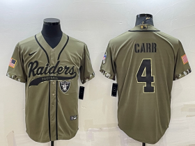 Wholesale Cheap Men\'s Las Vegas Raiders #4 Derek Carr 2022 Olive Salute to Service Cool Base Stitched Baseball Jersey