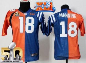 Wholesale Cheap Nike Colts #18 Peyton Manning Orange/Blue Super Bowl XLI & Super Bowl 50 Youth Stitched NFL Elite Split Broncos Jersey