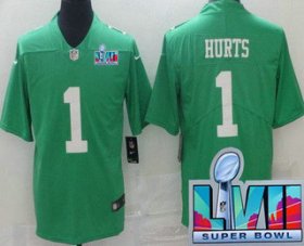 Cheap Men\'s Philadelphia Eagles #1 Jalen Hurts Limited Green Rush Super Bowl LVII Vapor Jersey