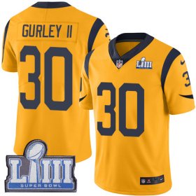 Wholesale Cheap Nike Rams #30 Todd Gurley II Gold Super Bowl LIII Bound Men\'s Stitched NFL Limited Rush Jersey