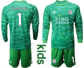 Wholesale Cheap Leicester City #1 Schmeichel Green Goalkeeper Long Sleeves Kid Soccer Club Jersey