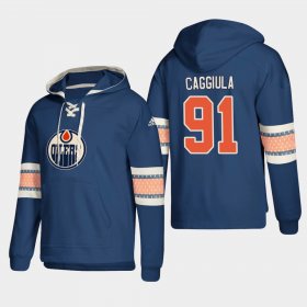 Wholesale Cheap Edmonton Oilers #91 Drake Caggiula Royal adidas Lace-Up Pullover Hoodie