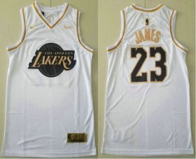 Wholesale Cheap Men\'s Los Angeles Lakers #23 LeBron James White Gold Nike Swingman Stitched NBA Jersey