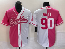Wholesale Cheap Men\'s Pittsburgh Steelers #90 TJ Watt Pink White Two Tone With Patch Cool Base Stitched Baseball Jersey